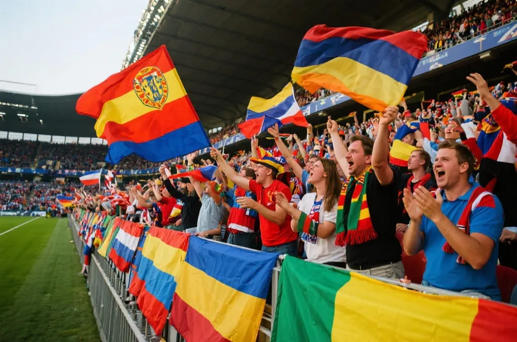 球迷在体育场外欢呼，手持门票，充满激情